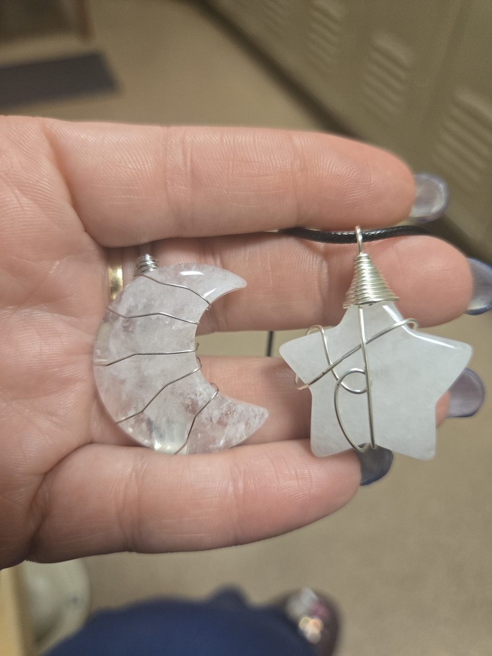 CLEAR QUARTZ Handmade White Crystal Moon & Star Pendant Set with Wire Wrap